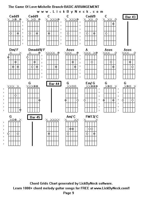 Chord Grids Chart of chord melody fingerstyle guitar song-The Game Of Love-Michelle Branch-BASIC ARRANGEMENT,generated by LickByNeck software.